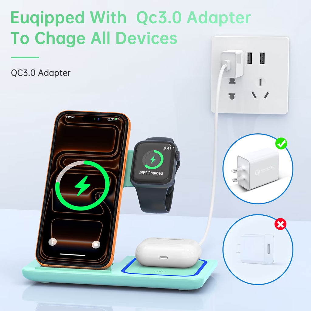 Wireless Charger, 18W 3 in 1 Wireless Charging Station for Iphone 17 16E 15 14 13 12 Pro, Fast Charger Stand for Iwatch SE 9-11 6-8 2-5, Airpods 4/3/2/Pro, Samsung Galaxy Seires (Green)