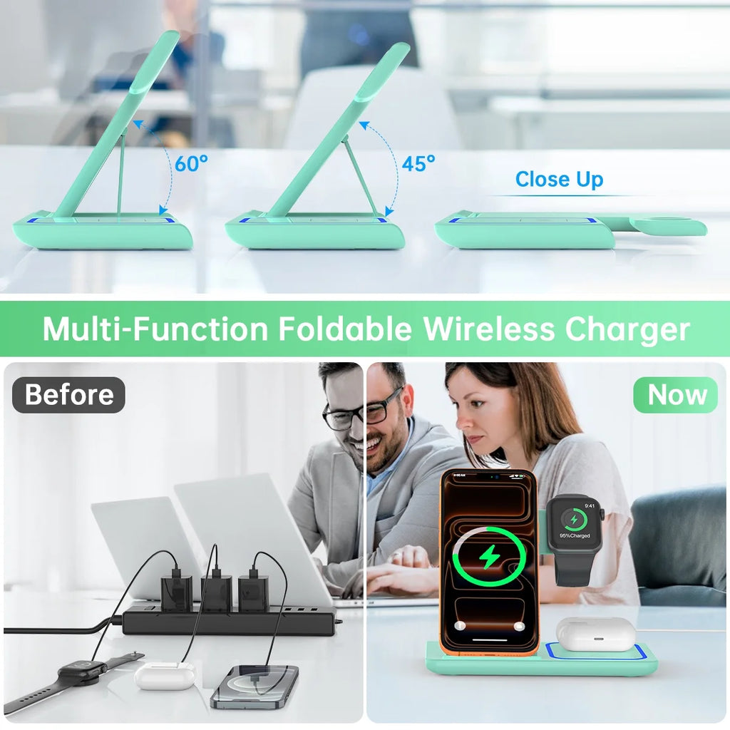 Wireless Charger, 18W 3 in 1 Wireless Charging Station for Iphone 17 16E 15 14 13 12 Pro, Fast Charger Stand for Iwatch SE 9-11 6-8 2-5, Airpods 4/3/2/Pro, Samsung Galaxy Seires (Green)