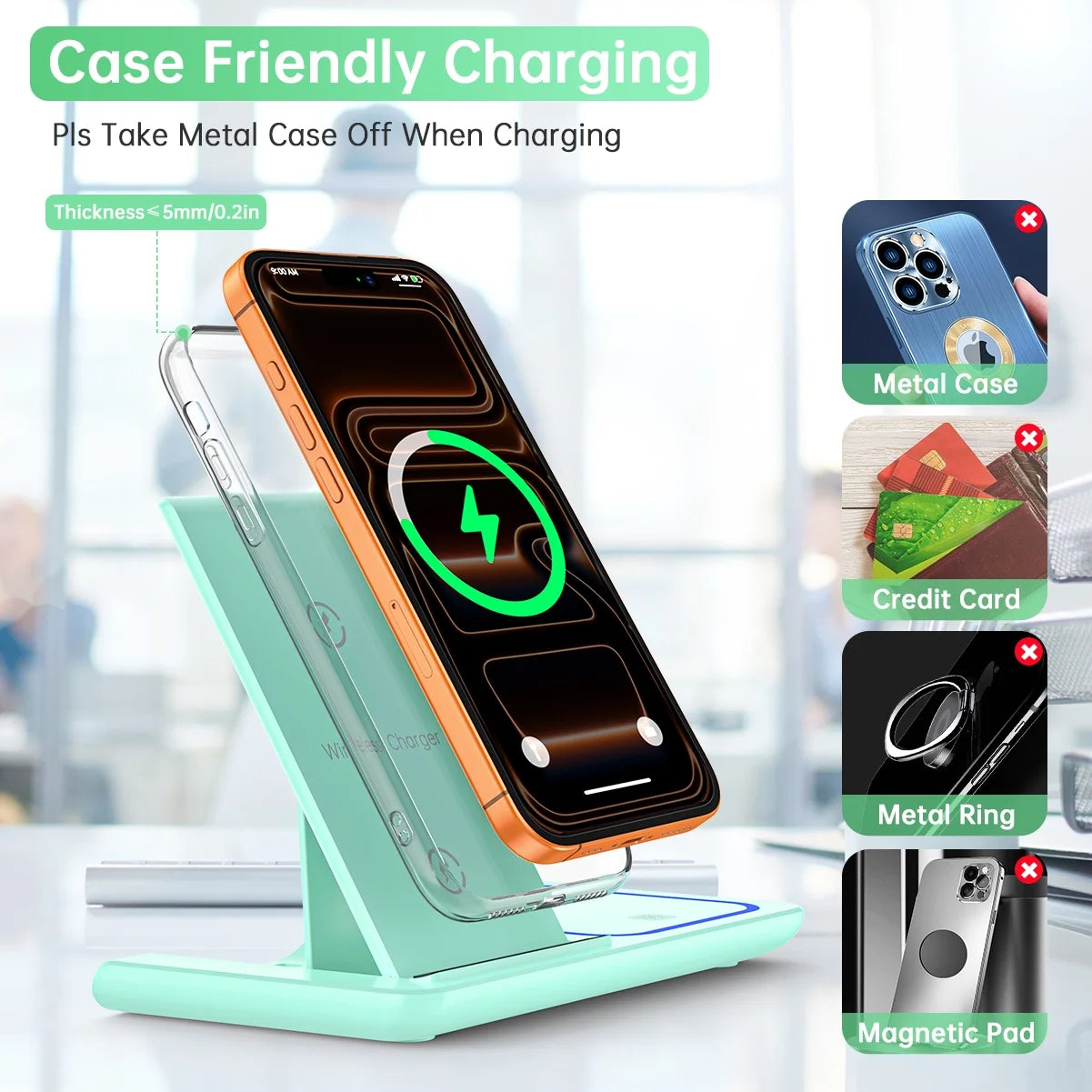 Wireless Charger, 18W 3 in 1 Wireless Charging Station for Iphone 17 16E 15 14 13 12 Pro, Fast Charger Stand for Iwatch SE 9-11 6-8 2-5, Airpods 4/3/2/Pro, Samsung Galaxy Seires (Green)