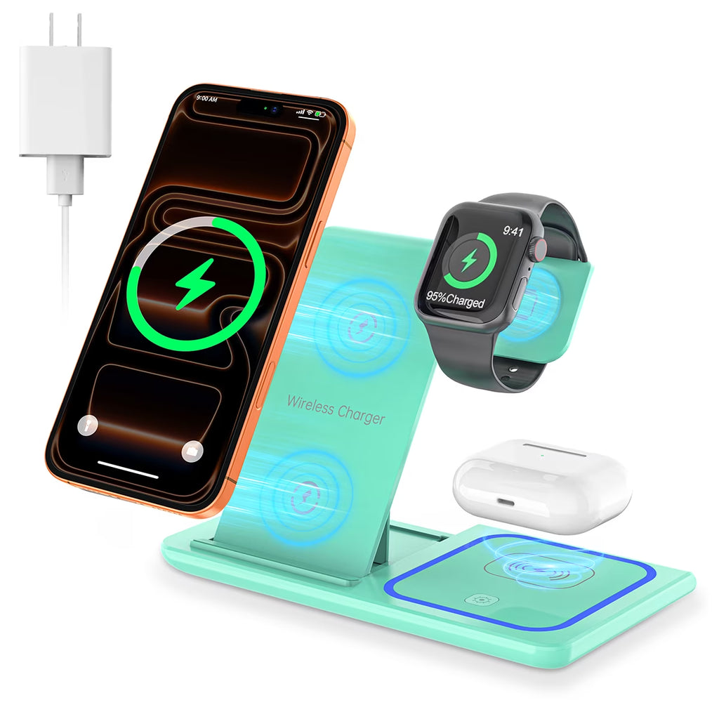 Wireless Charger, 18W 3 in 1 Wireless Charging Station for Iphone 17 16E 15 14 13 12 Pro, Fast Charger Stand for Iwatch SE 9-11 6-8 2-5, Airpods 4/3/2/Pro, Samsung Galaxy Seires (Green)
