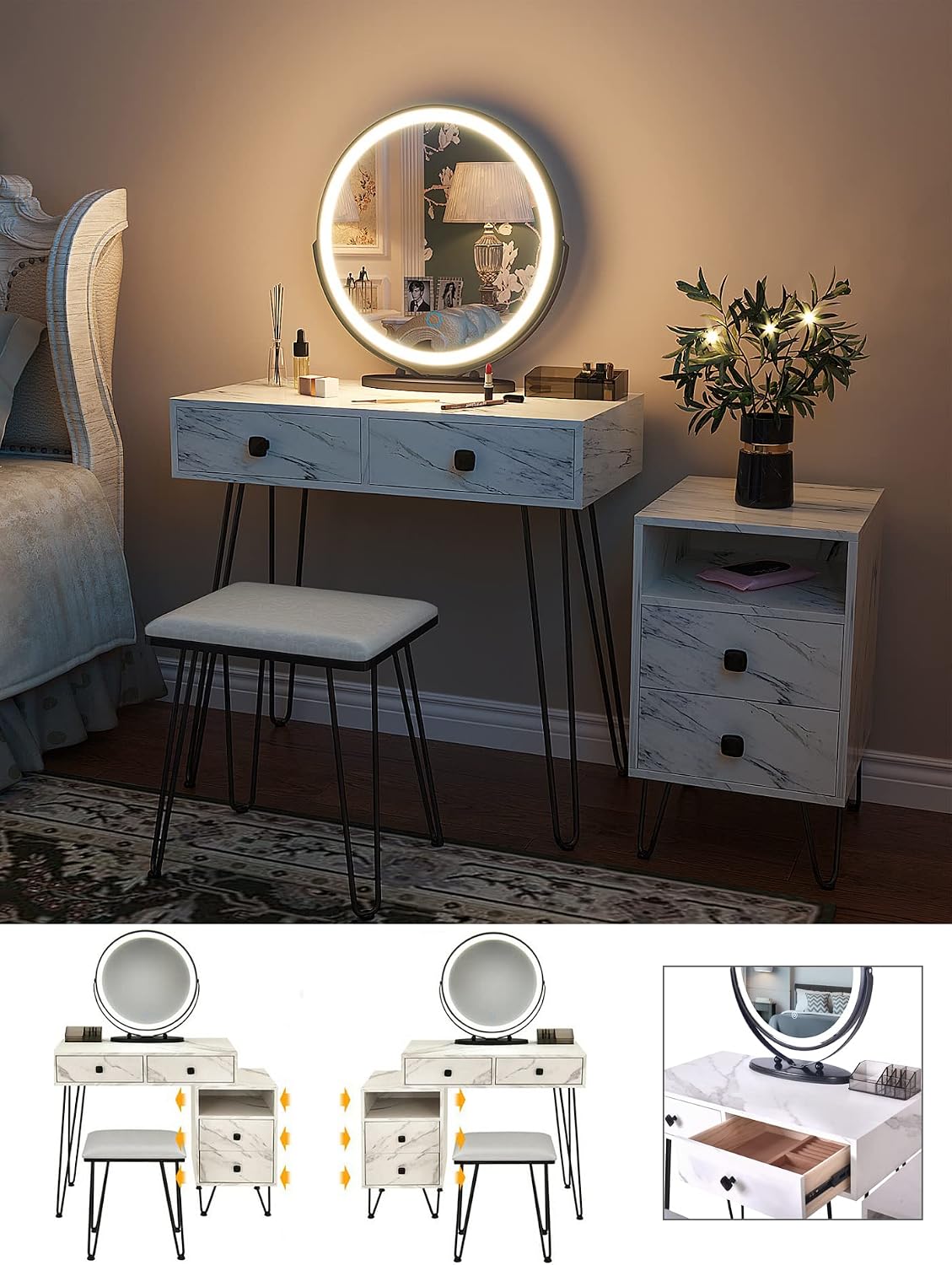 Makeup Vanity with Lights and Stool Dressing Table with Drawers Vanity Desk with Lighted Mirror and Chair Women Dresser for Bedroom (White) (HG3706-List)