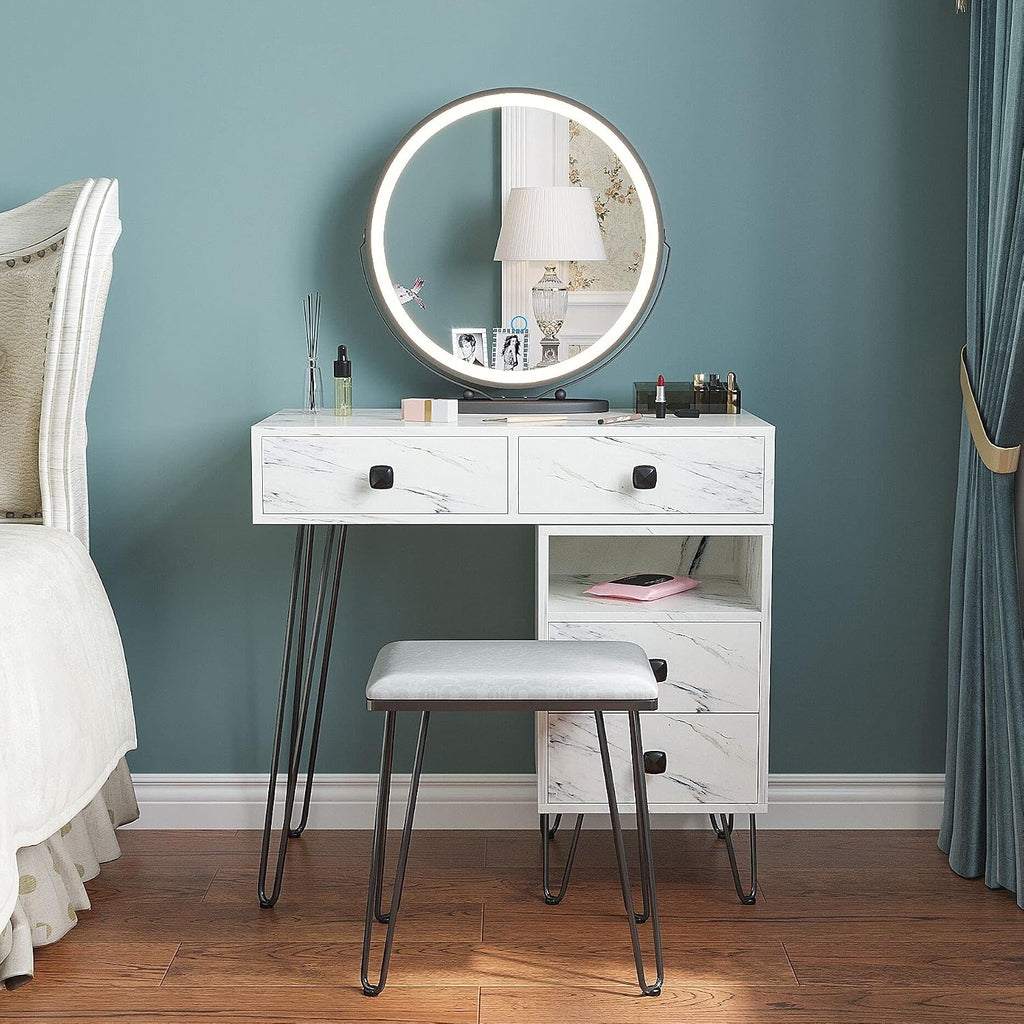 Makeup Vanity with Lights and Stool Dressing Table with Drawers Vanity Desk with Lighted Mirror and Chair Women Dresser for Bedroom (White) (HG3706-List)