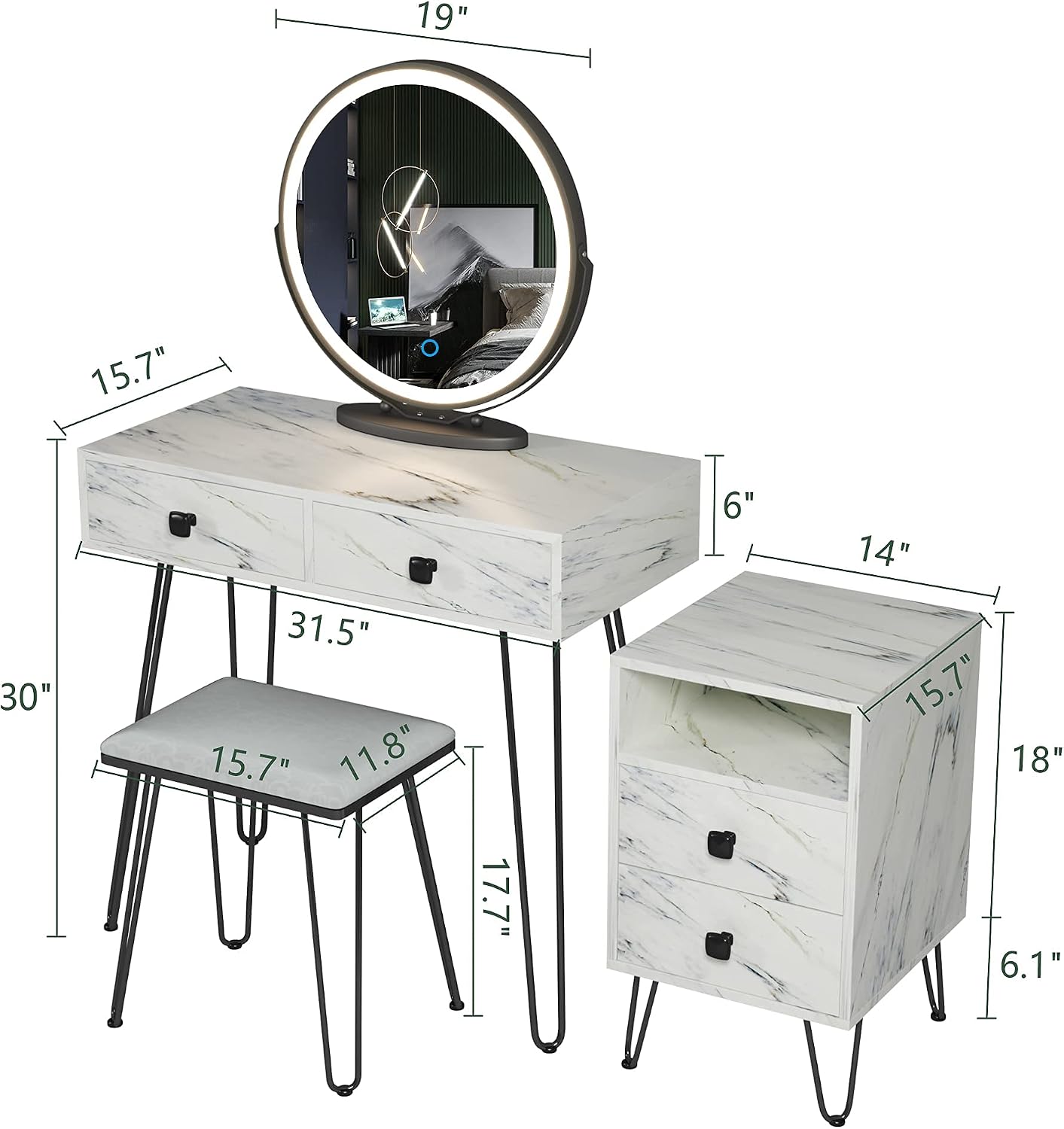 Makeup Vanity with Lights and Stool Dressing Table with Drawers Vanity Desk with Lighted Mirror and Chair Women Dresser for Bedroom (White) (HG3706-List)