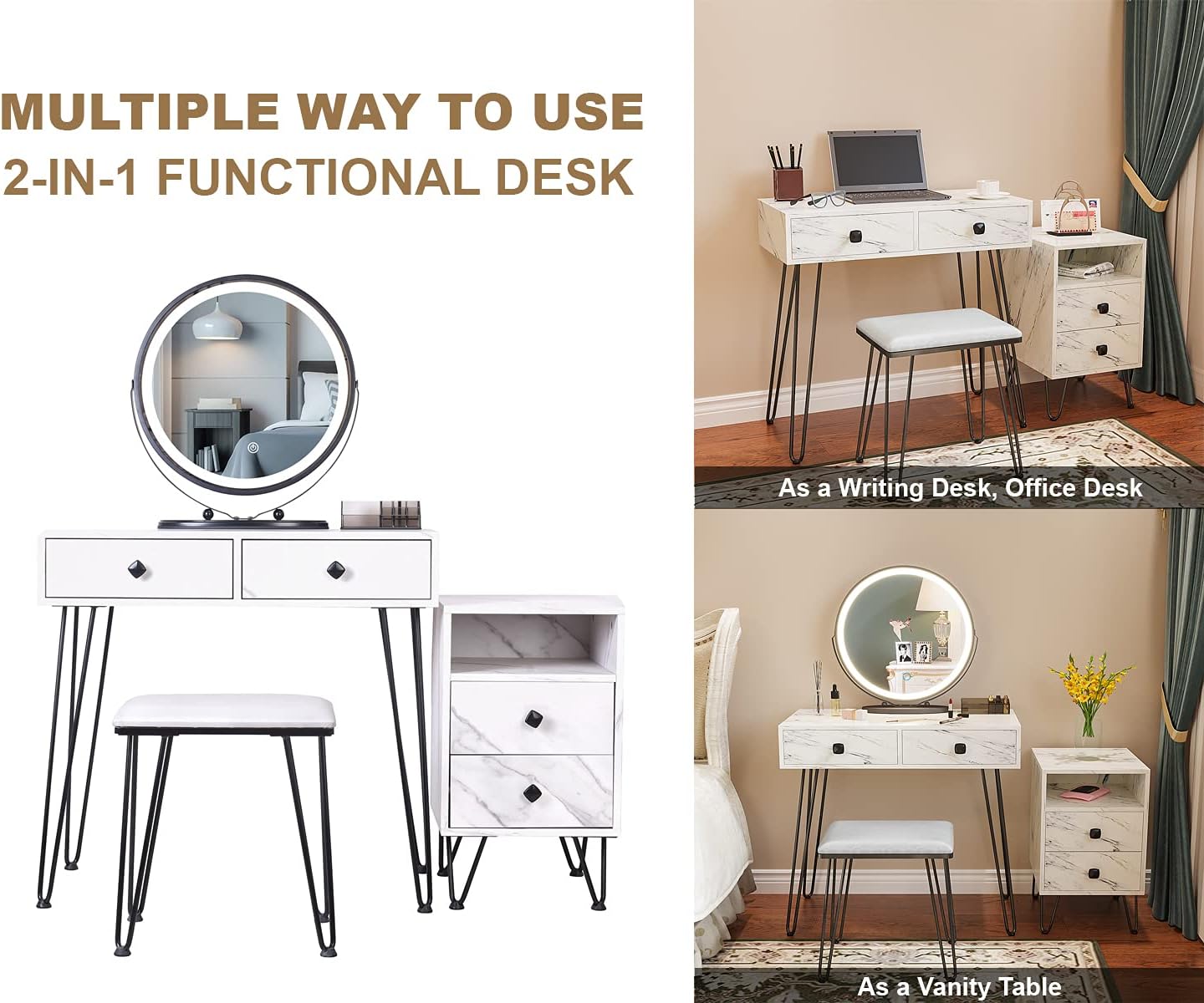 Makeup Vanity with Lights and Stool Dressing Table with Drawers Vanity Desk with Lighted Mirror and Chair Women Dresser for Bedroom (White) (HG3706-List)