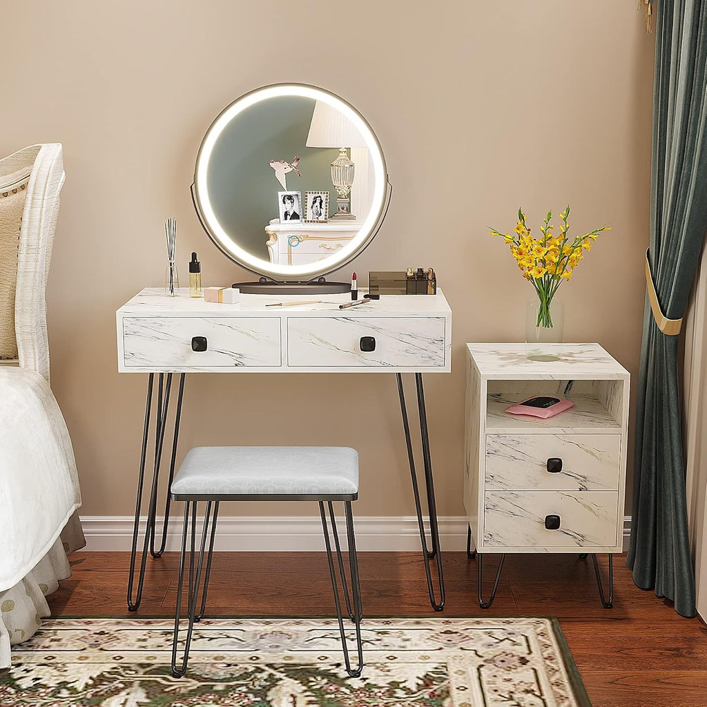 Makeup Vanity with Lights and Stool Dressing Table with Drawers Vanity Desk with Lighted Mirror and Chair Women Dresser for Bedroom (White) (HG3706-List)