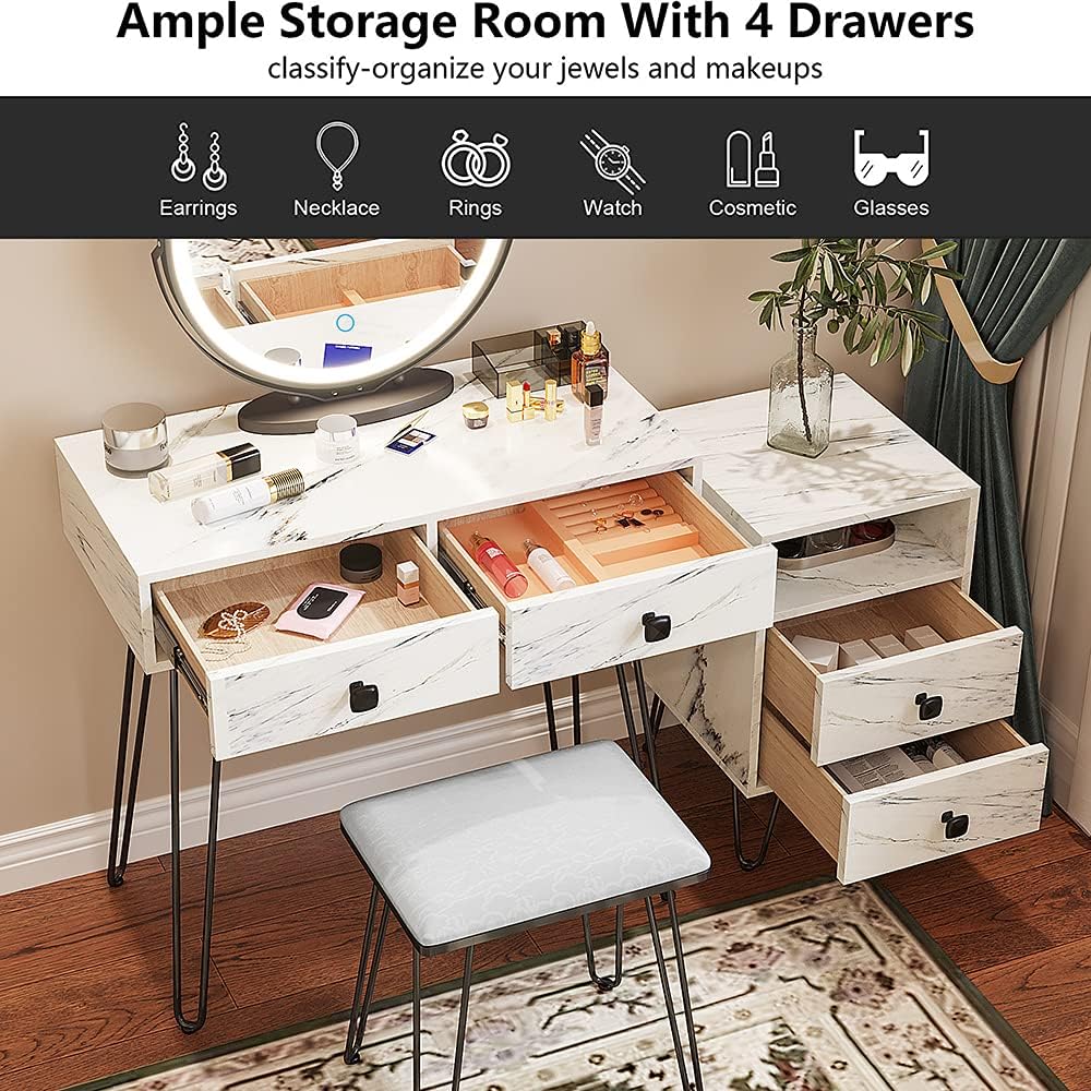 Makeup Vanity with Lights and Stool Dressing Table with Drawers Vanity Desk with Lighted Mirror and Chair Women Dresser for Bedroom (White) (HG3706-List)