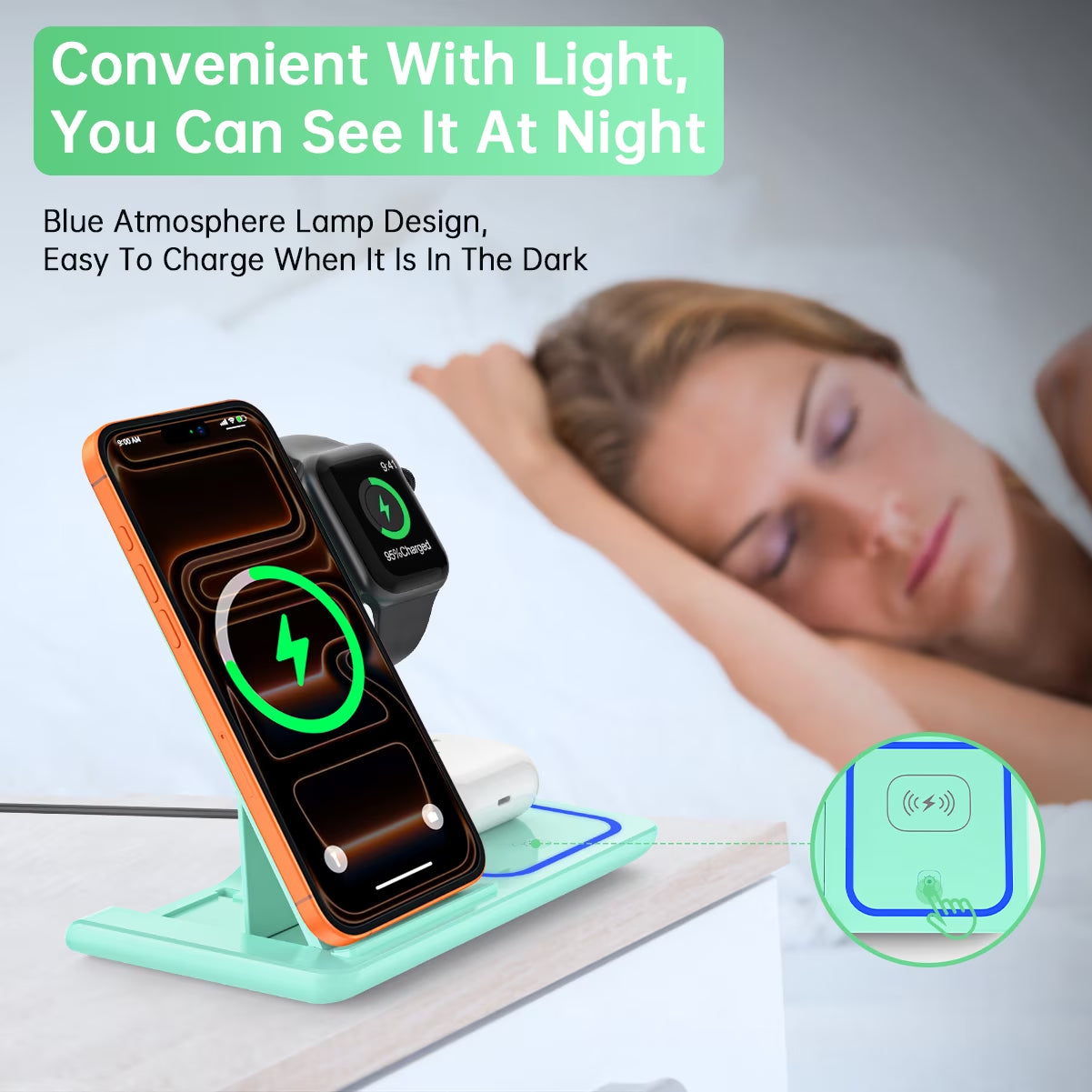 Wireless Charger, 18W 3 in 1 Wireless Charging Station for Iphone 17 16E 15 14 13 12 Pro, Fast Charger Stand for Iwatch SE 9-11 6-8 2-5, Airpods 4/3/2/Pro, Samsung Galaxy Seires (Green)