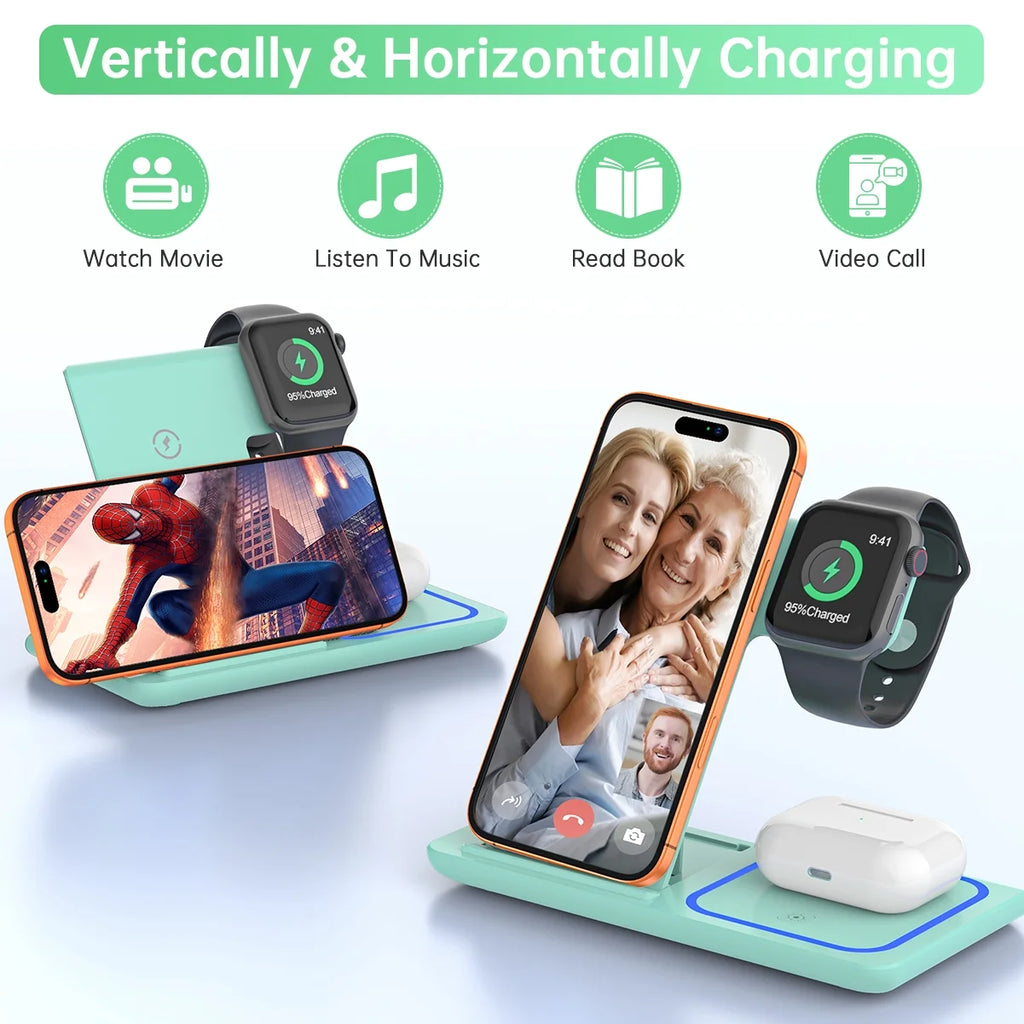 Wireless Charger, 18W 3 in 1 Wireless Charging Station for Iphone 17 16E 15 14 13 12 Pro, Fast Charger Stand for Iwatch SE 9-11 6-8 2-5, Airpods 4/3/2/Pro, Samsung Galaxy Seires (Green)